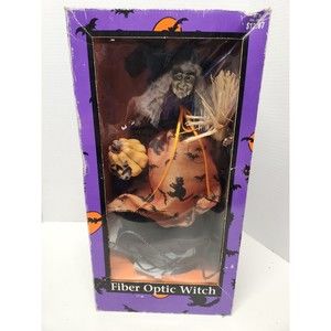 Vtg 13" Witch Fiber Optic Colored Lights Halloween Decor Broom Pumpkin In Box
